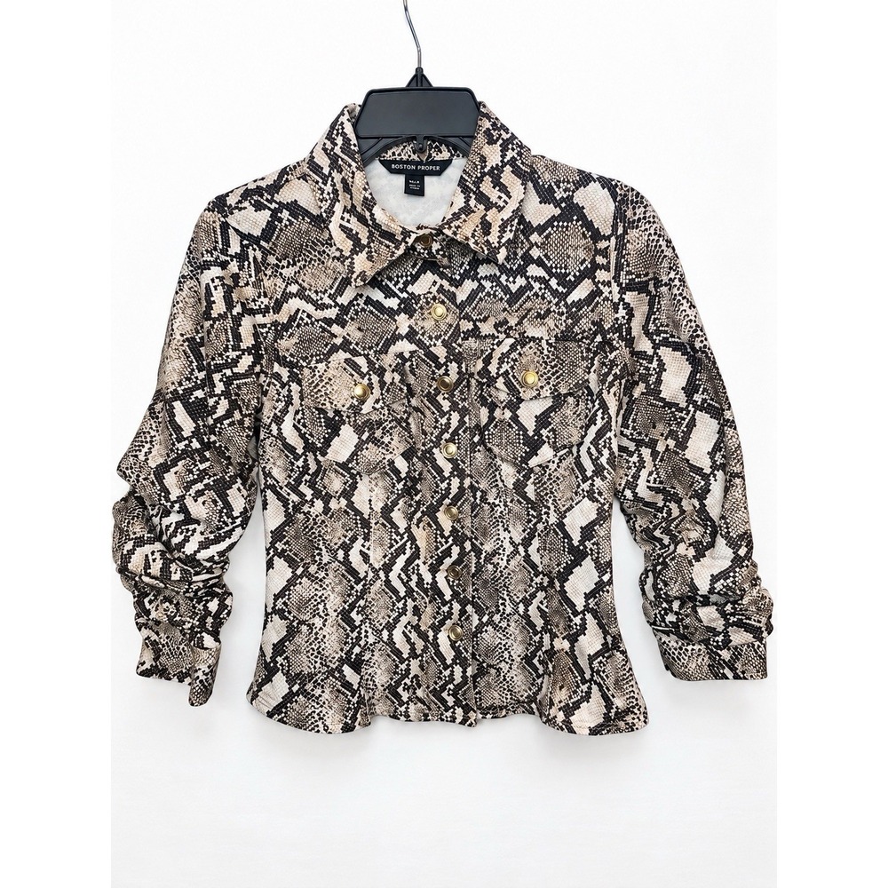 Boston Proper XS Snake Print Stretch Denim Jacket Women's Animal Print Button